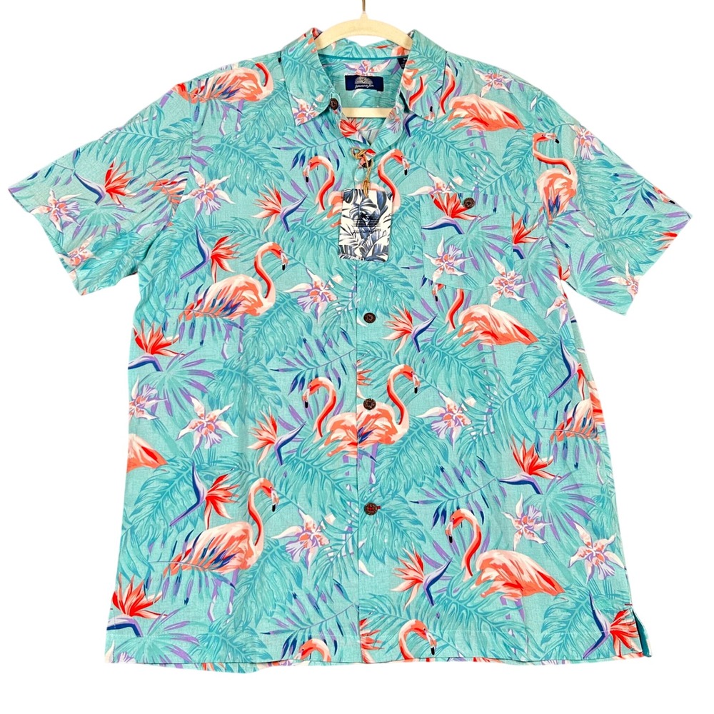 Havana Jim Shirt Mens Medium Blue Flamingo Tropical Floral Button Up NWT